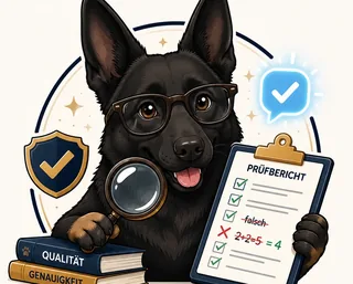 Ronny, Schäferhund mit Lupe und Prüfbericht